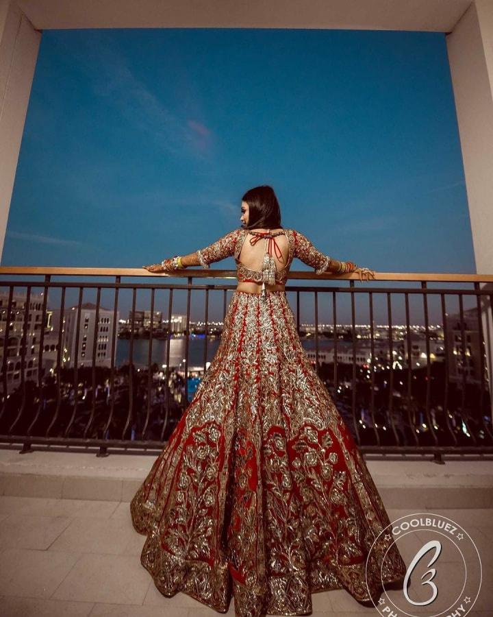 Cherry red and Sunrise Orange Rhinestone Work Bridal Lehenga