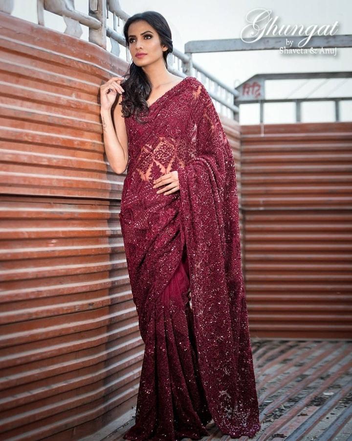 ghungat by shaveta and anuj designer saree for engagement the shimmery net