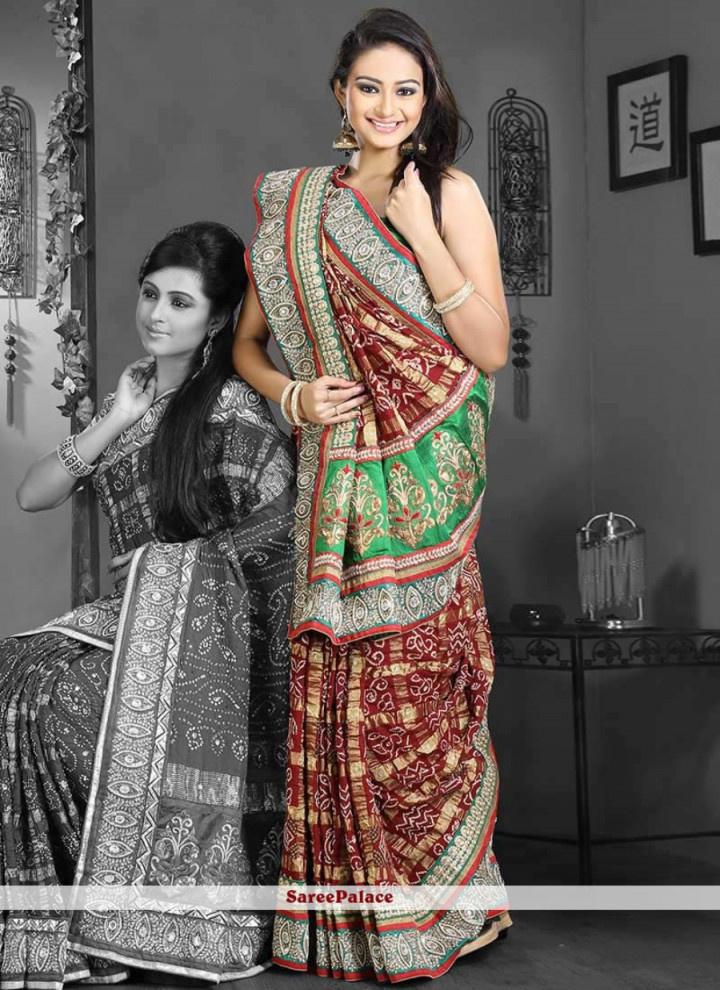 Marron Cotton Gharchola Saree - Bandhani - Bandhani - Kutch