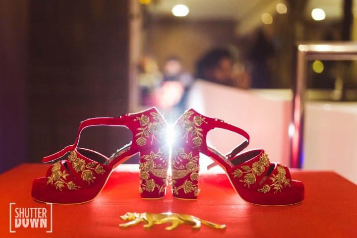 Buy Red Embroidered Nooree Wedges by Around Always Online at Aza Fashions.