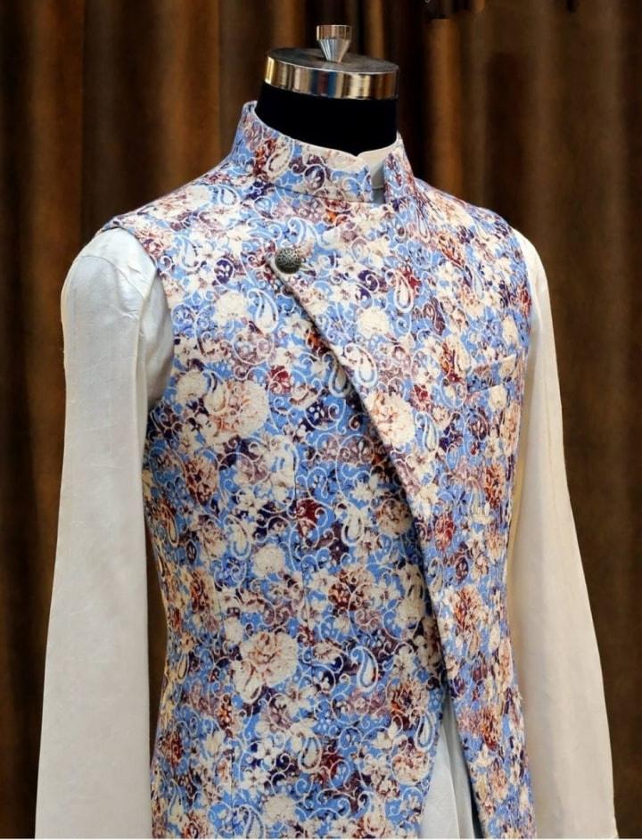 Sanwara Men's Blue Woven Floral Pattern Ethnic Bandi Jacket – Sanwara  Fashions