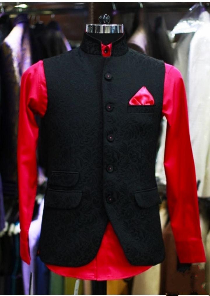 Buy Black With Navy Blue Embroidered Bandi Jacket Set In Cotton Silk