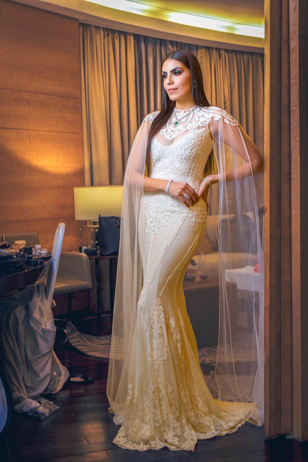 Half Sleeves Heavy Net Base Beige Gown