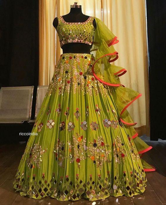 Green Mirror Work Embroidered Net Lehenga Choli 2135LG05