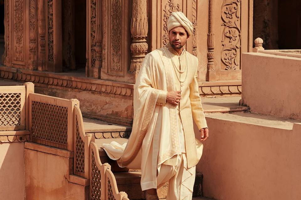 Nawabi Indo Western Sherwani Online | Buy Cream and peach designer nawabi  indo western sherwani