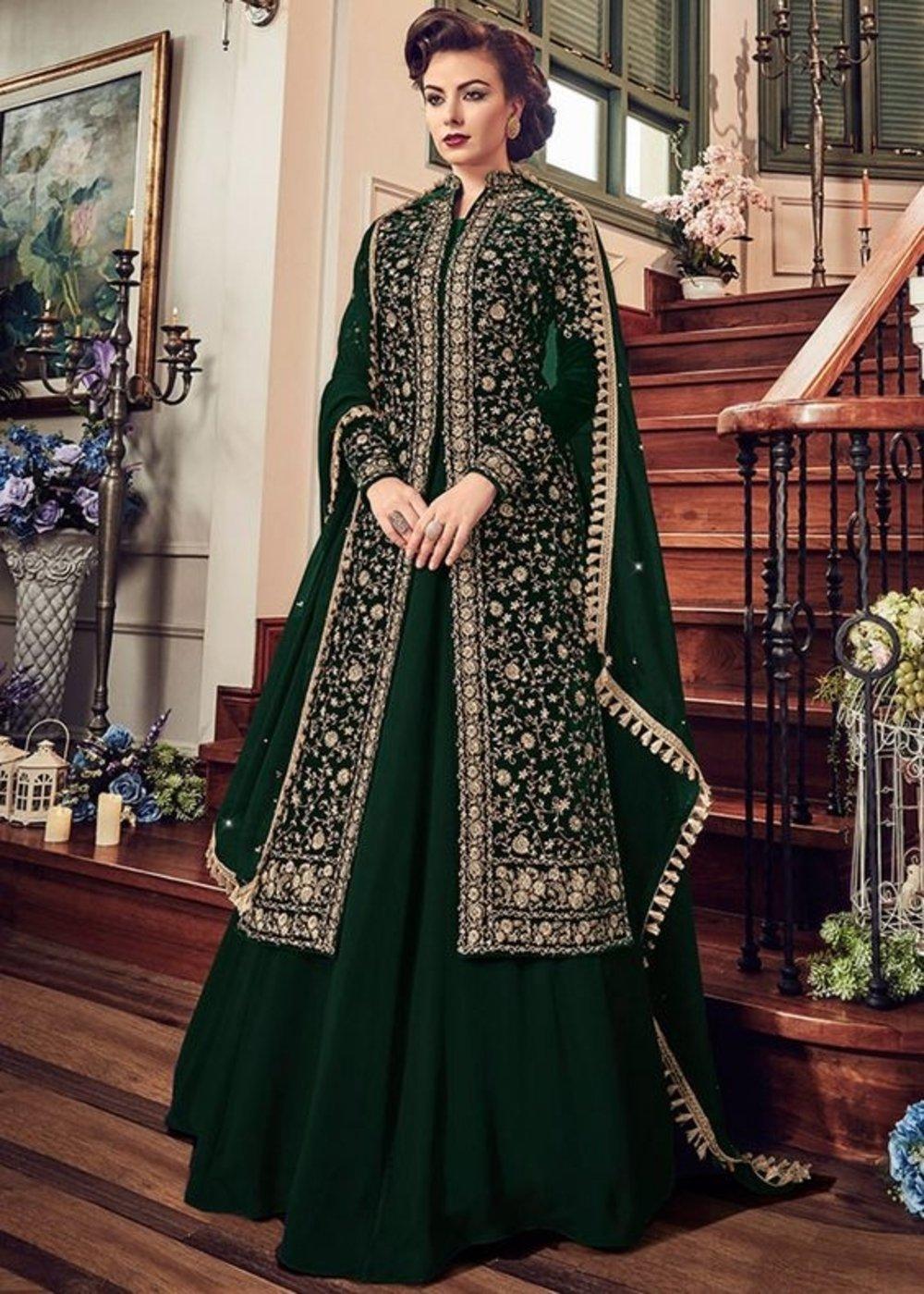 Mint Green Lehenga with Front Open Gown Pakistani Dress – Nameera by Farooq