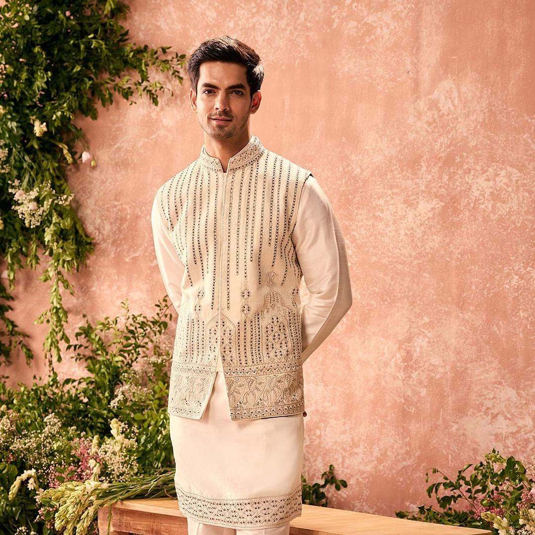 white kurta pajama with jacket for wedding