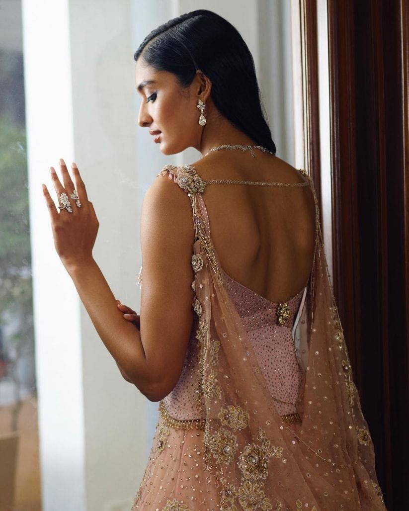 Ombre Lehenga And Crop Top In Moti Cut An Dana Embroidery, Cape Jacket In  Tassels Fringes