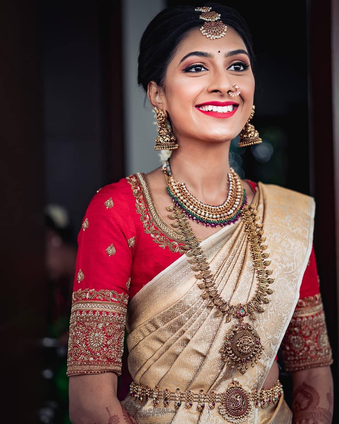 Gorgeous Hyderabad Bride In A Dark Peach Kanjeevaram Saree