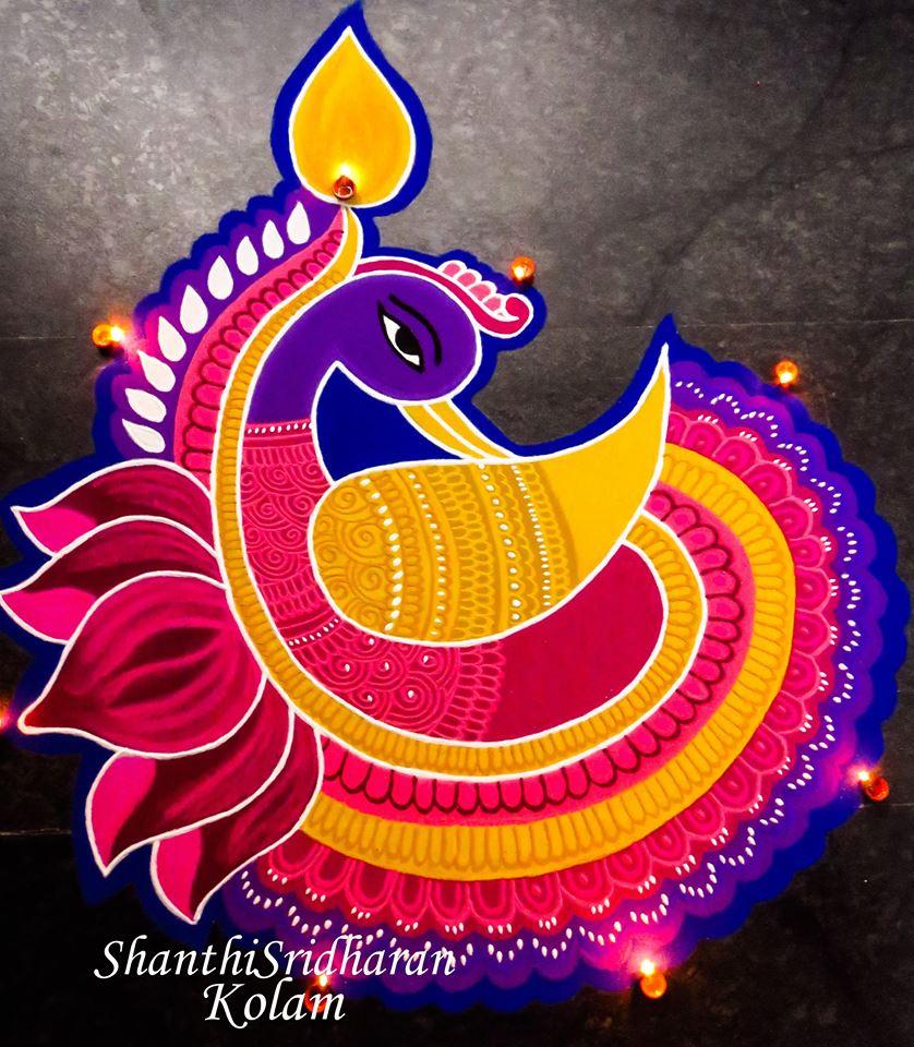 Simple Rangoli - peacock rangoli designs for diwali 🙂 BY: simple rangoli  #Beautiful #Diwali #Rangoli #Design #peacock | Facebook