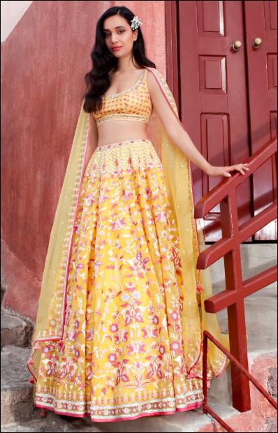 Indian Bridal Mustard Yellow Lehenga Choli With Thread Embro