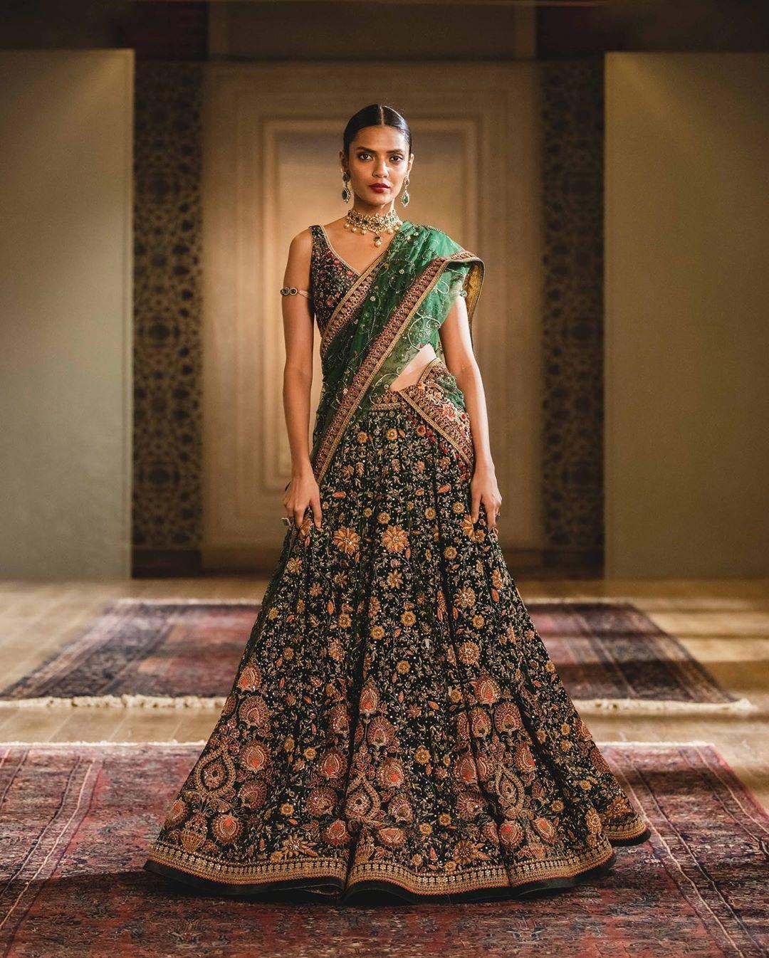 Olive Green Velvet Lehenga