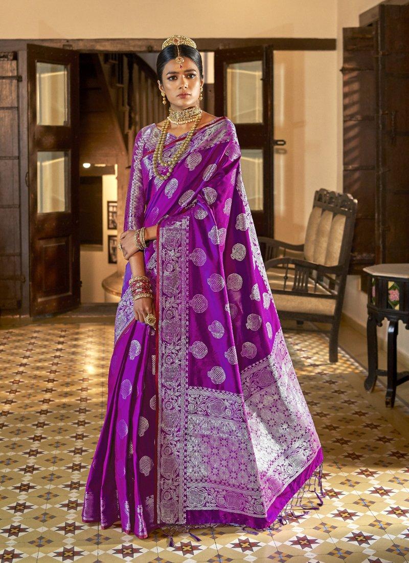 Photo of Bridal saree with pink and purple temple jewellery