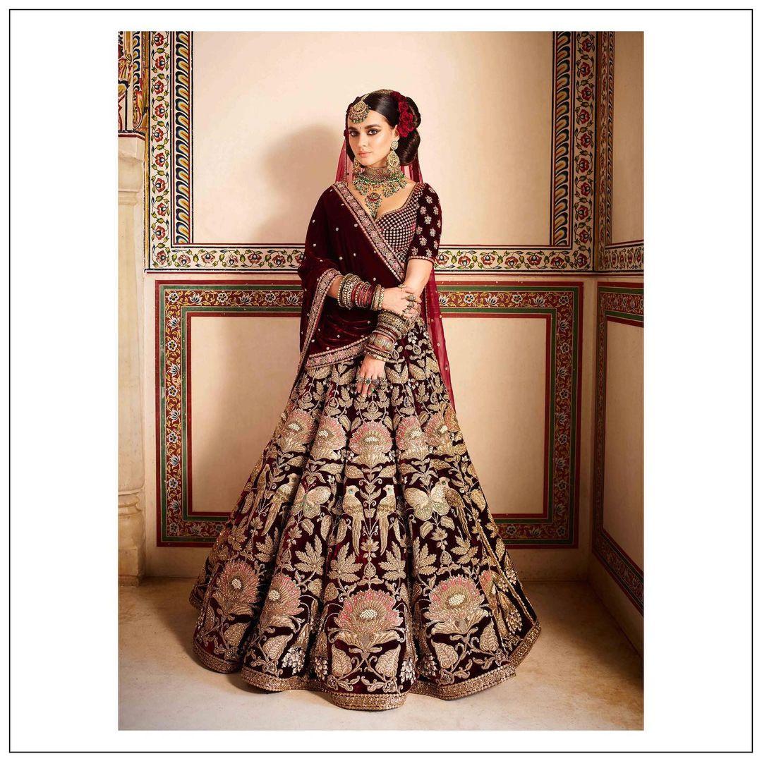 Photo of Deep maroon lehenga and 3d design blouse for cocktail night.