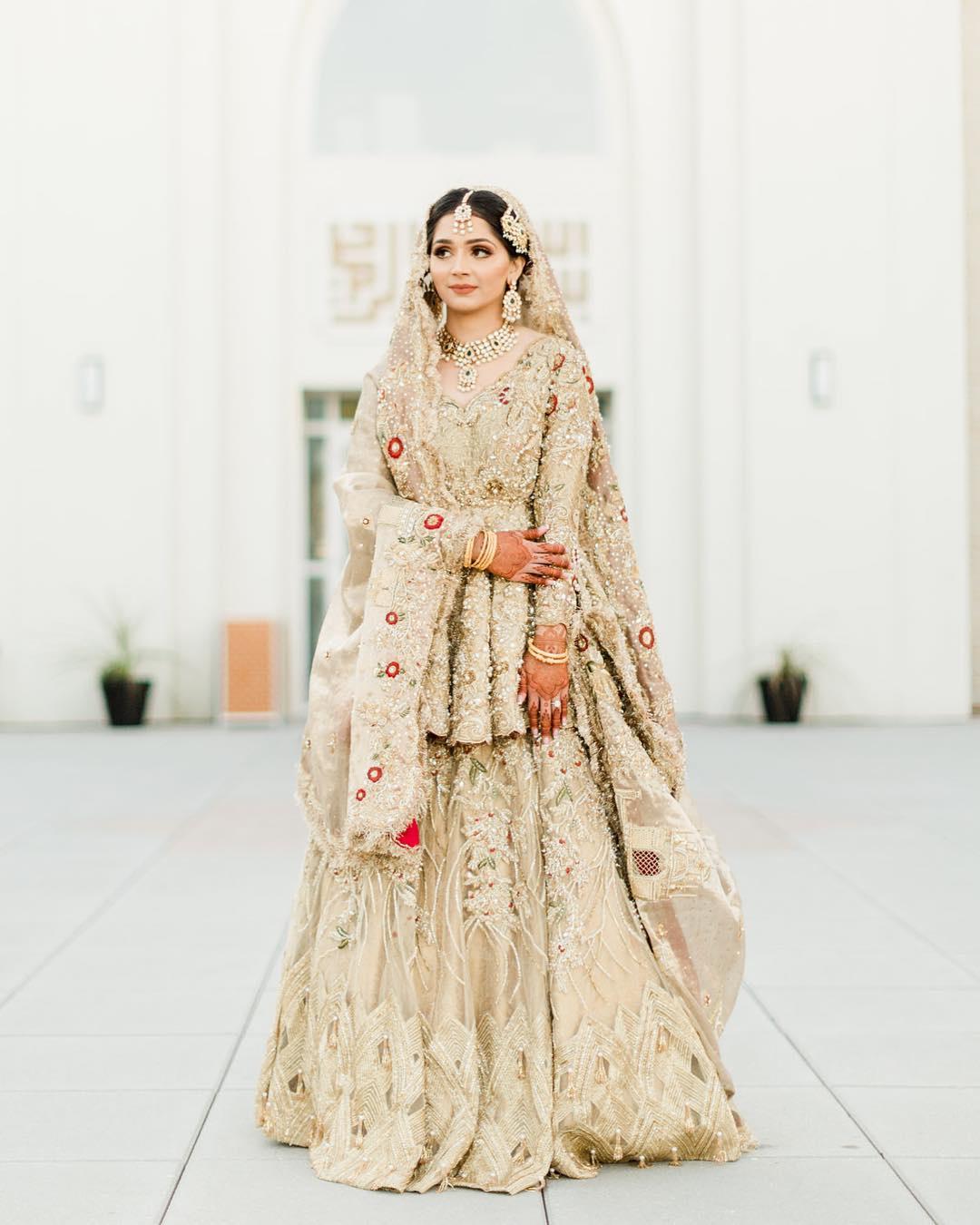 White Designer Pakistani Wedding long Trail Lehenga with Kameez with Golden  Embroidery Bespoke -