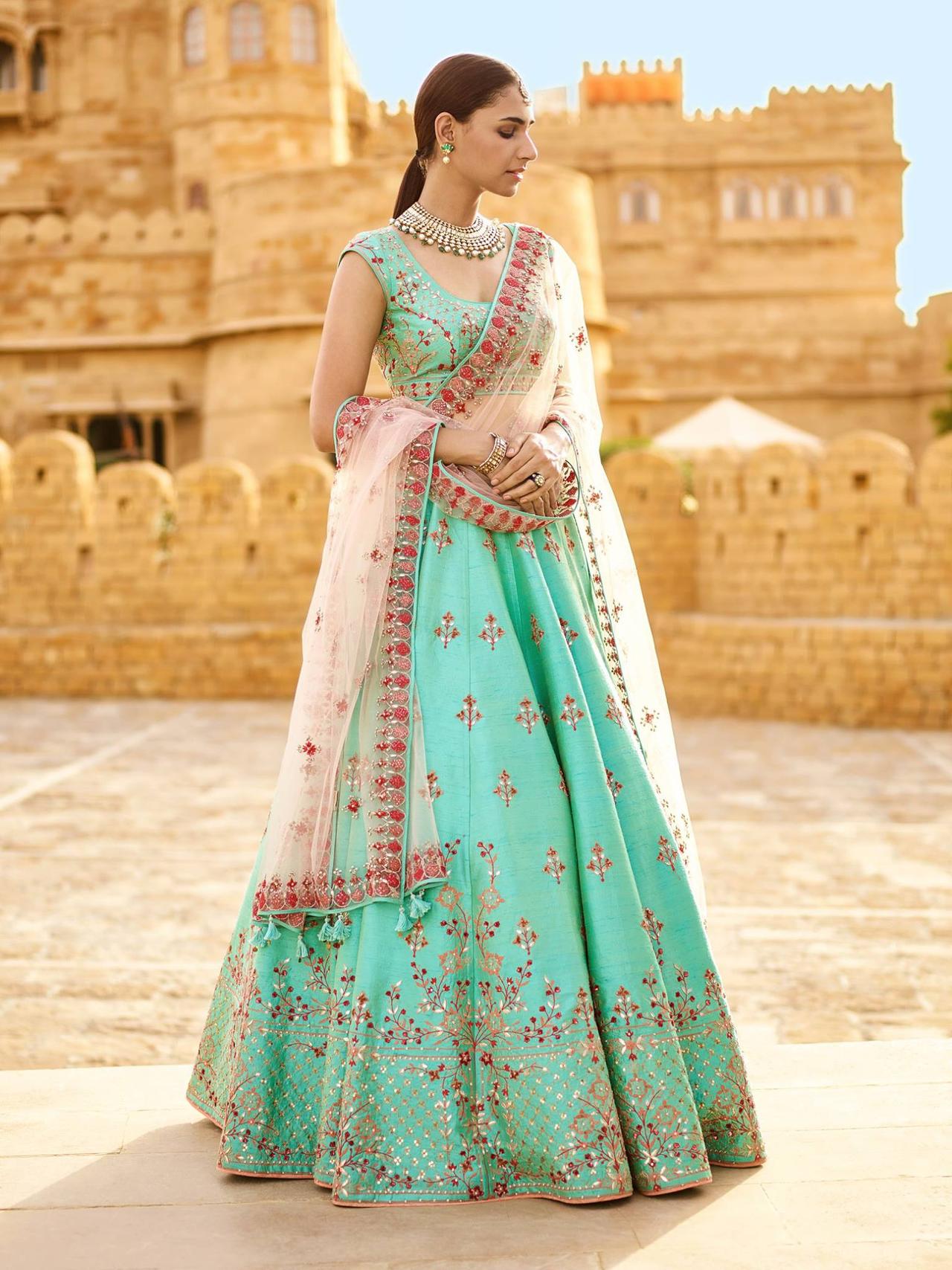Mint Green Embroidered Lehenga Set Design by Seema Gujral at Pernia's Pop  Up Shop 2023