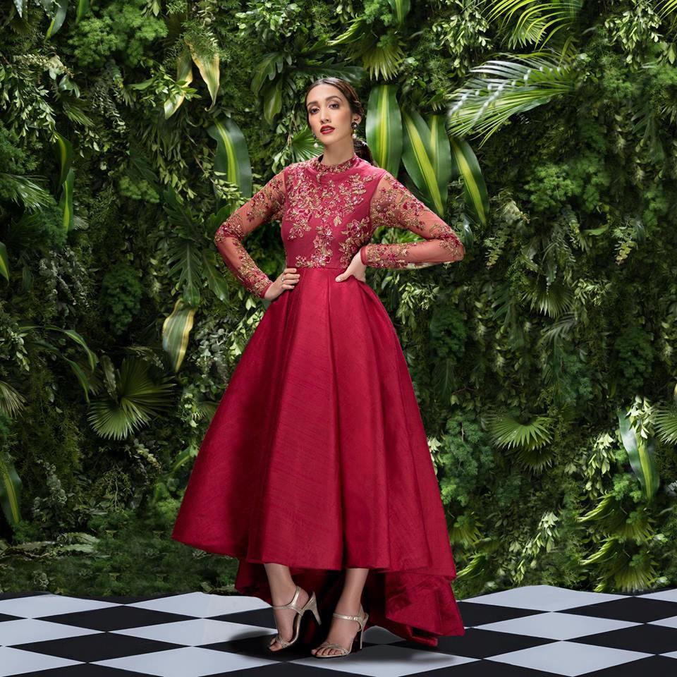 Blood Red Sequinned Off-Shoulder Gown Design by Seema Gujral at Pernia's  Pop Up Shop 2024