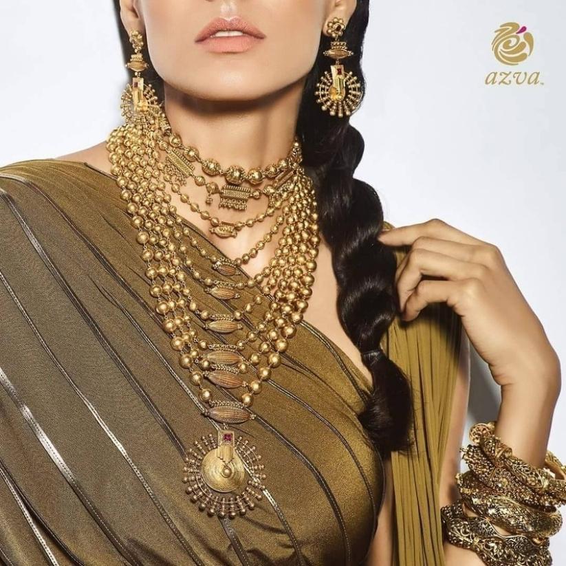 Gold Plated Long And Choker Necklace & Earrings Laxmi Design Pendant ( –  Digital Dress Room