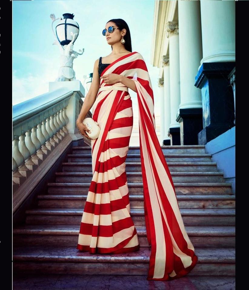 Buy Nikita Mhaisalkar Striped Georgette Saree with Belt | Multicoloured  Color Women | AJIO LUXE