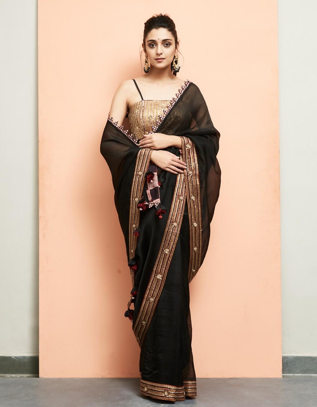 Suyukti Fab Multicolor Plain Satin Silk Saree Party Wear For Women With  Jacquard Black Blouse