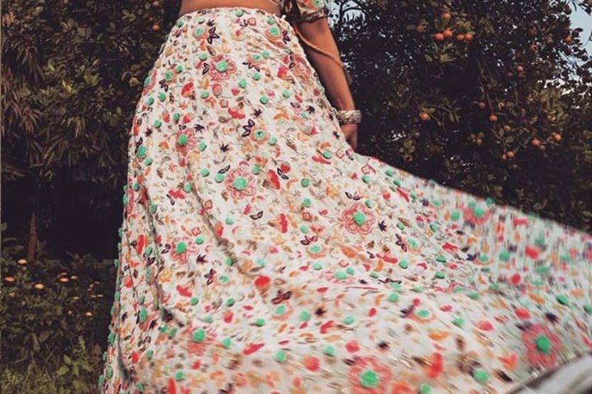 Set Of 3 Multicolor Banarasi Jacquard Crop Top Skirt  Green Silk Or   TJORI
