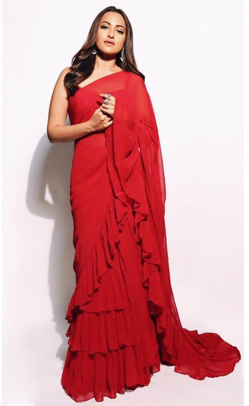 Red floral print ruffle sari set – Arpita Mehta Official