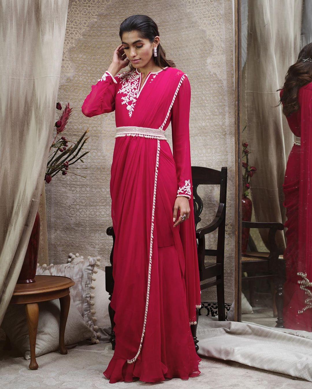 Blush Pink Saree Gown with Embellished Belt – VERVE & VOGUE