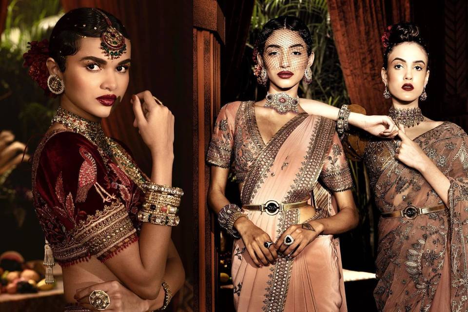 Buy Tarun Tahiliani Maroon Printed Tissue Saree With Velvet Blouse Online |  Aza Fashions