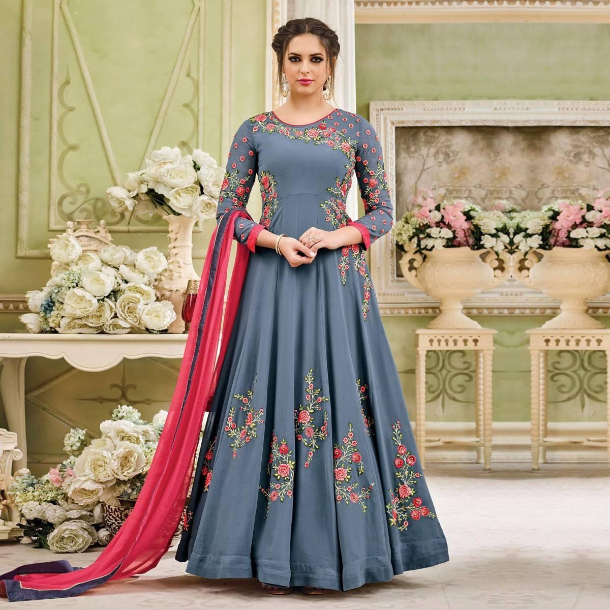 YASH GALLERY Women's Floral Printed Flared Anarkali Dress with Jacket –  Yash Gallery