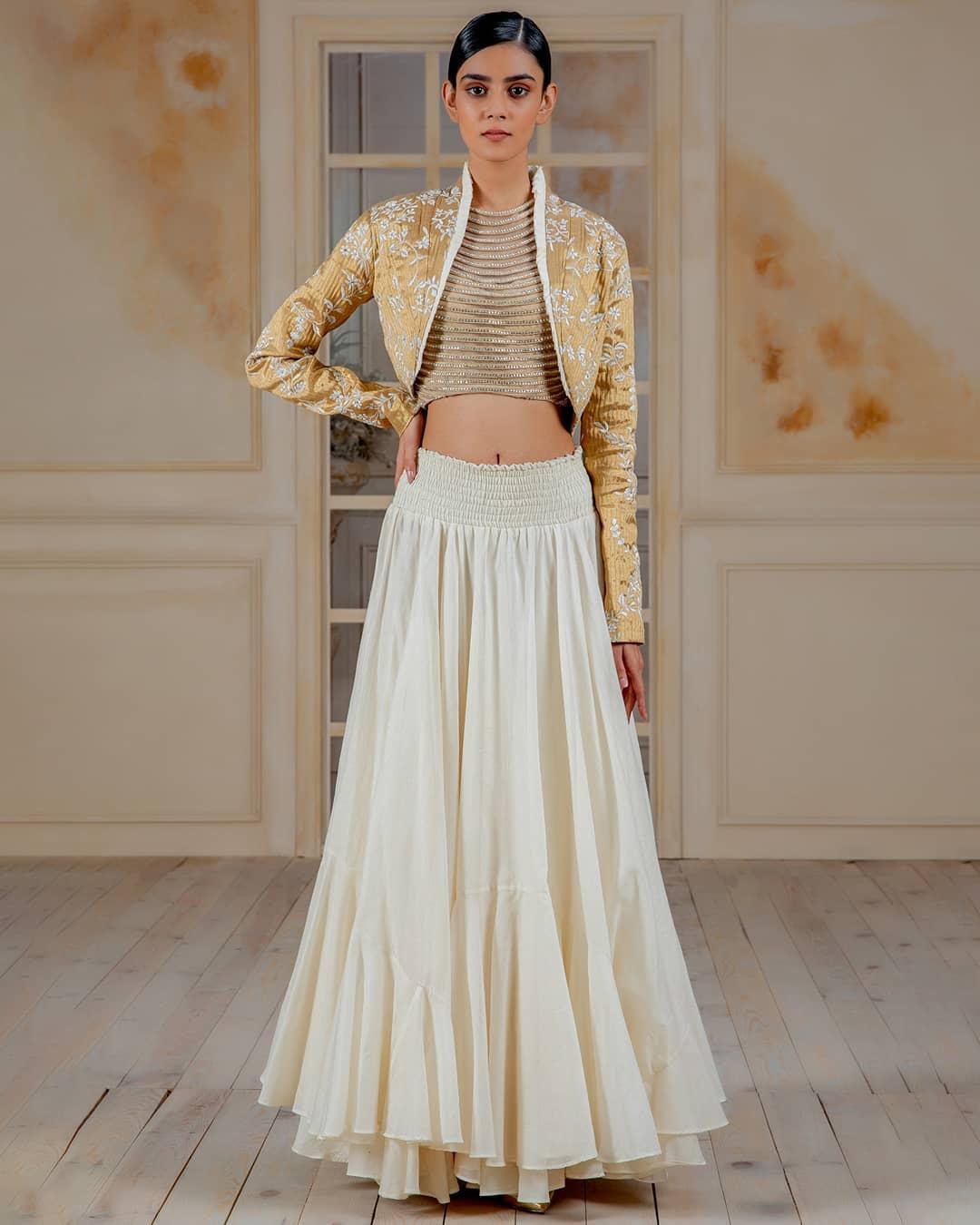 Yellow Chinon Georgette Pleated Lehenga with Handworked Long Blouse