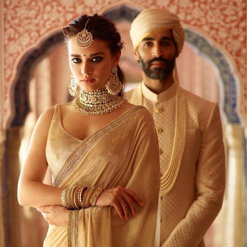 Golden color designer Sequins Embroidered Georgette saree for wedding –  textile duniya