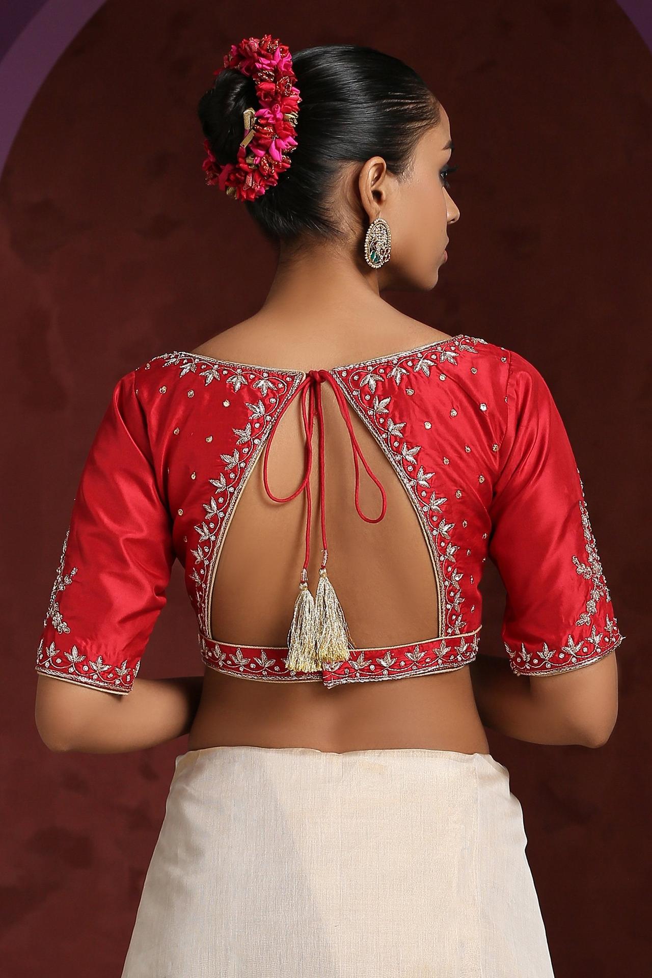 Red Silk Sleeveless Readymade Saree Blouse Square Neck Deep Back