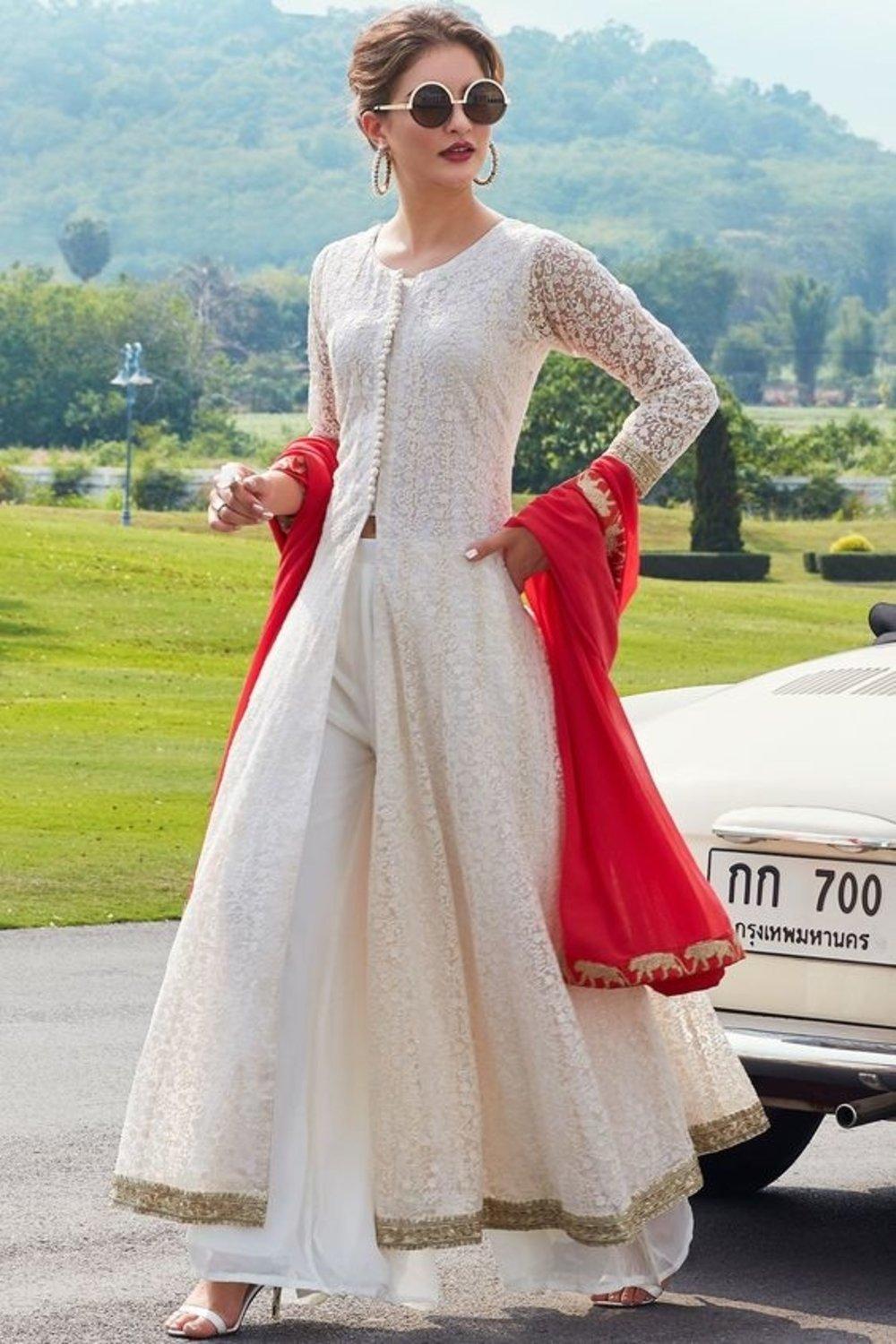 Heavy Embroidered Cream Colour Anarkali Dress Front Slit Open