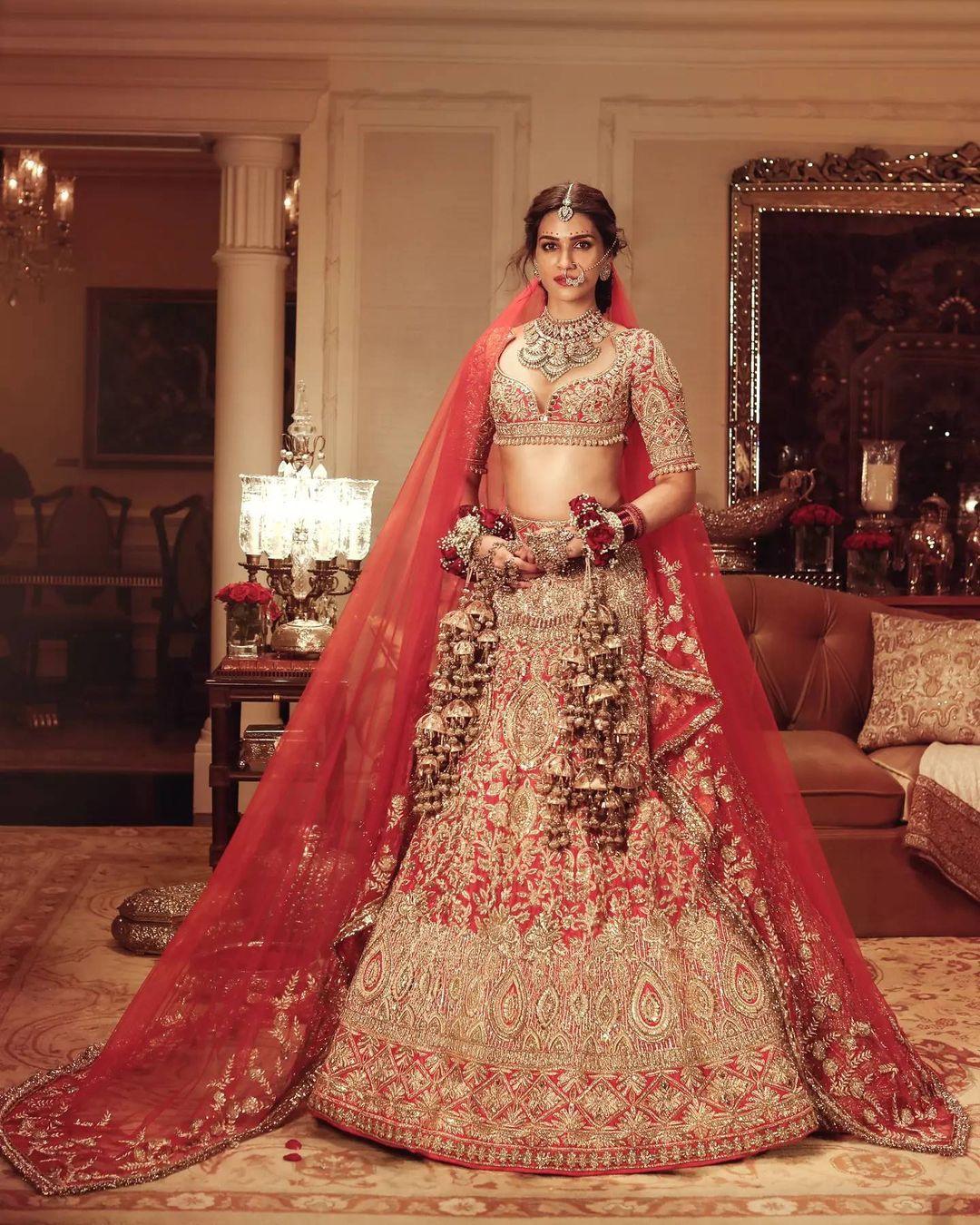 Pale Gold Classic Lehenga Set with Embroidery and Contrast Deep Red Blouse  - Seasons India