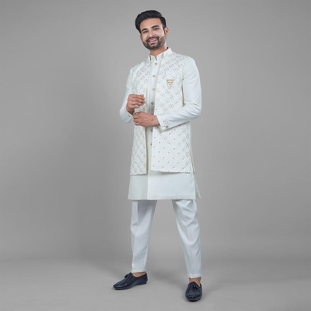 white kurta pajama for mens with jacket