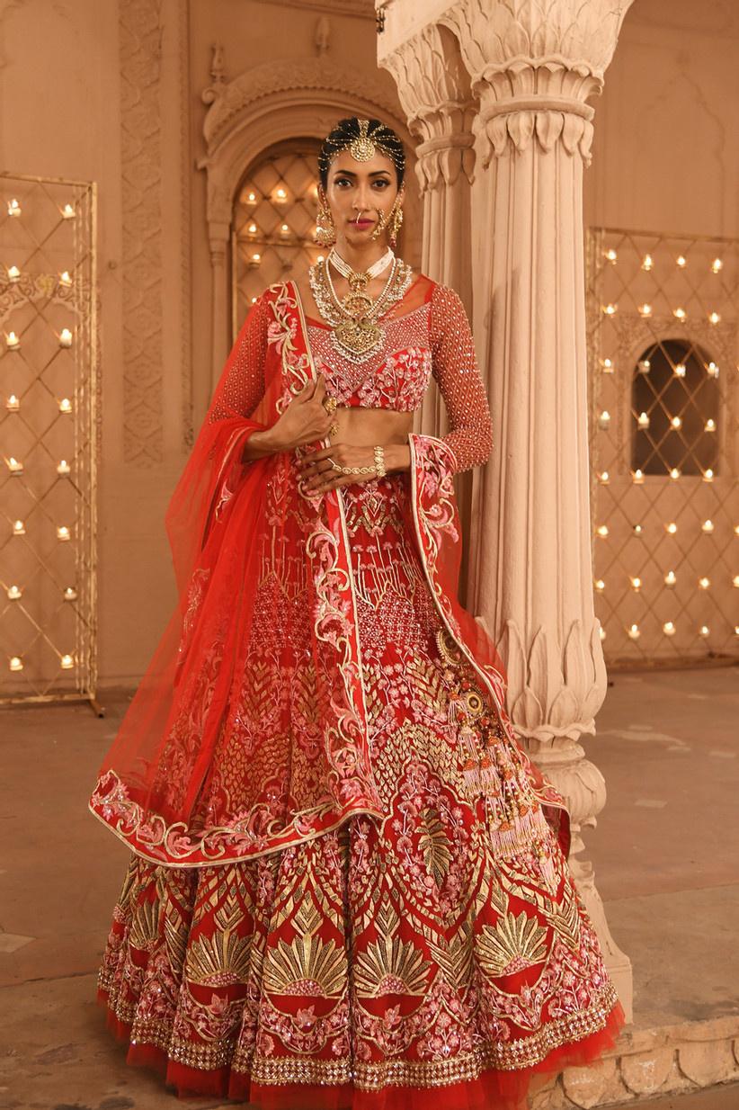 Buy Red Raw Silk Embroidered Zardozi Work Leaf Floral Bridal Lehenga Set  For Women by Rohini Bedi Online at Aza Fashions.