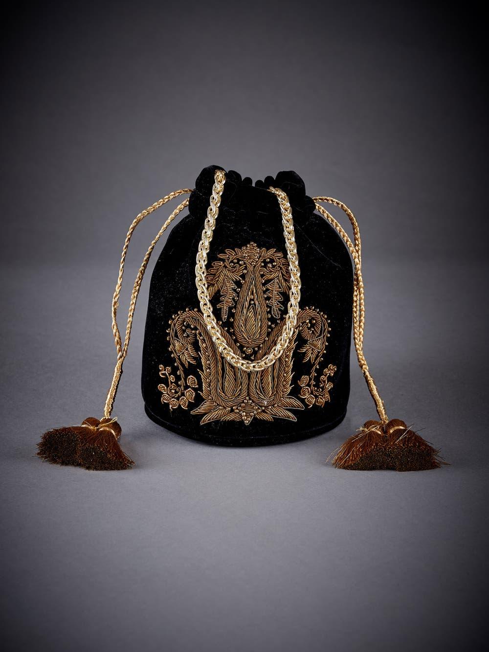 Black Velvet Zari Embroidered Potli Bag: Big Paisley Design