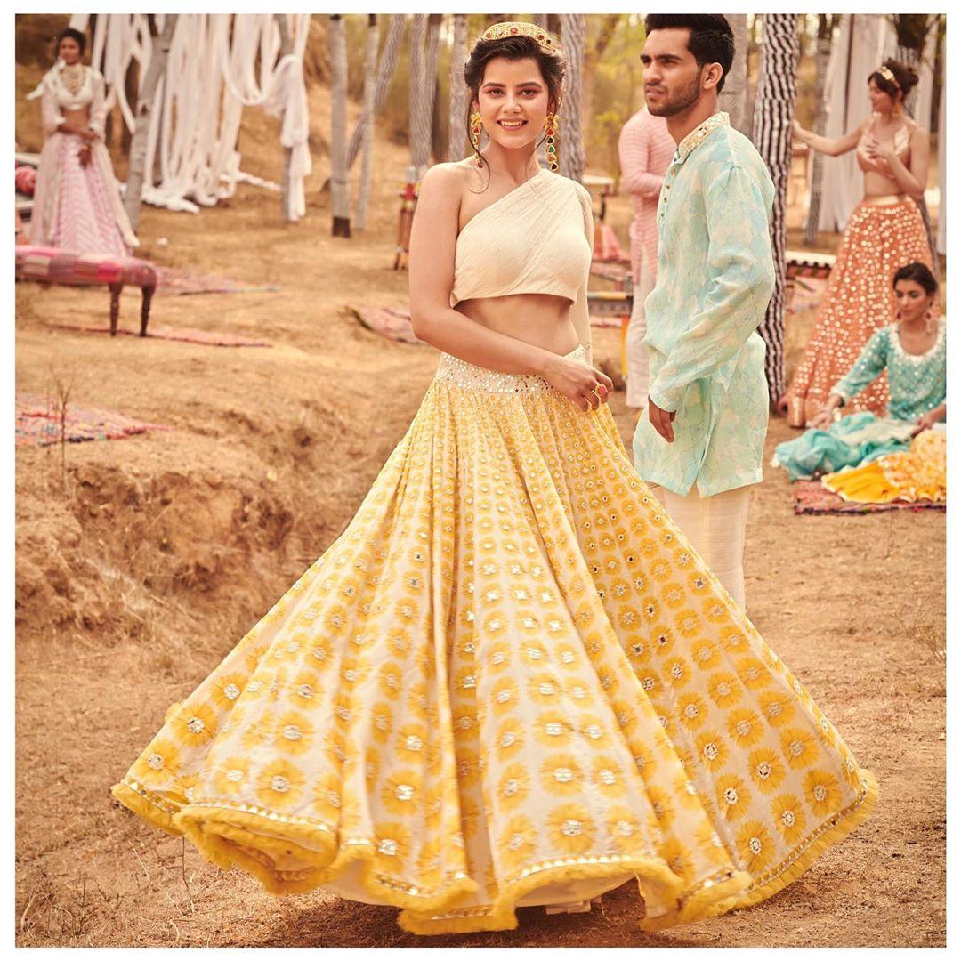 Buy Yellow Mirror Work Net Lehenga Choli online At Zeel Clothing