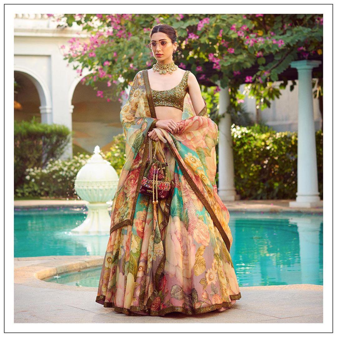 Sabyasachi Wedding Designer Bridal Floral Print Embroidered Lehenga with  Jewel Neckline Blouse (top) | Lehenga choli, Wedding dress outfit, Lehenga  choli wedding