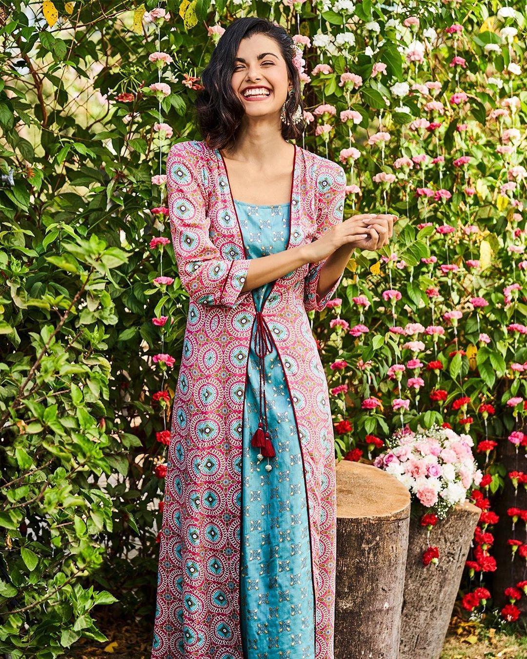 Latest Sky Blue And Pink Flower Printed Designer Kurtis – Walusha