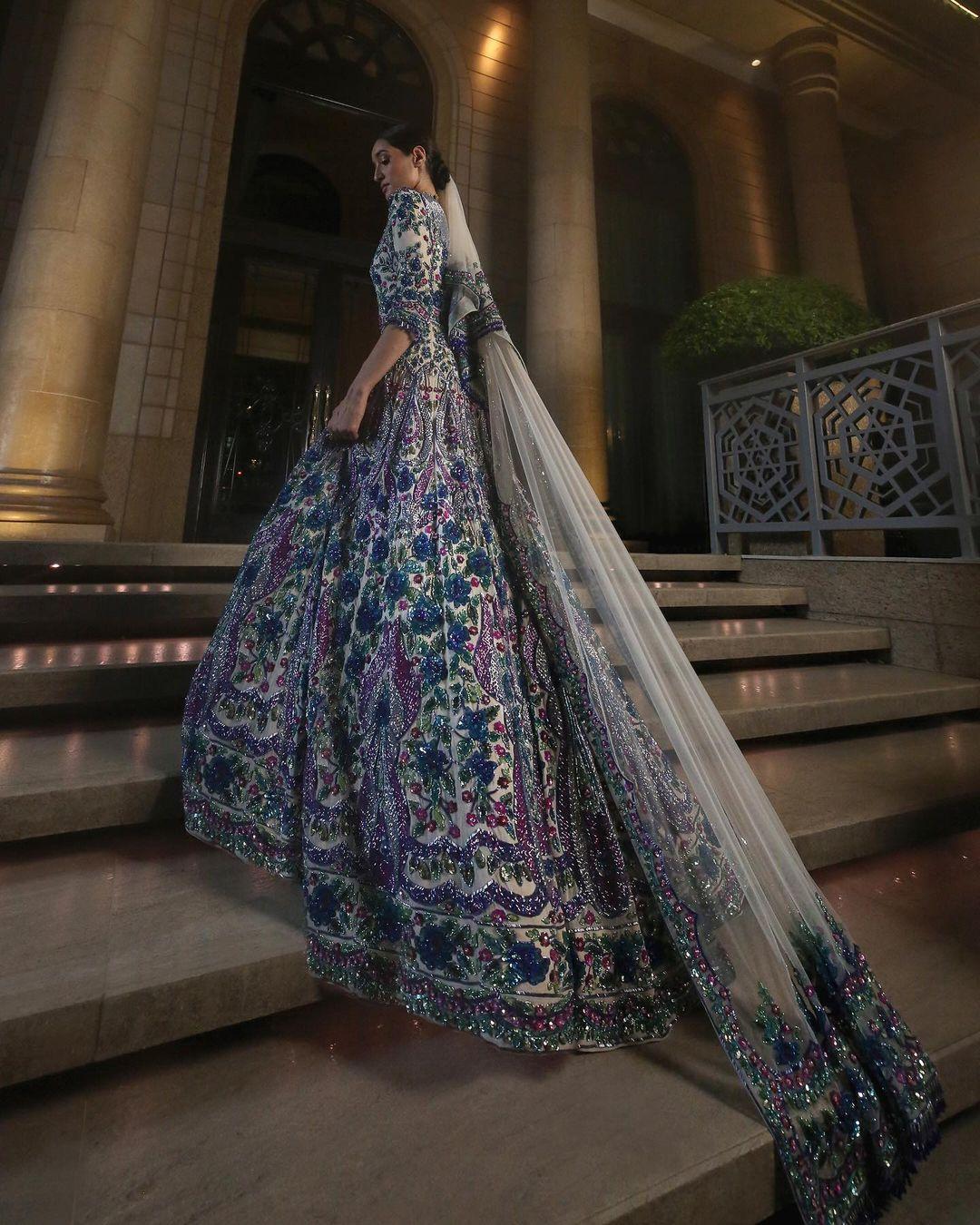 Raw Silk Gown with Hand embroidery and draped dupatta. | Designer bridal  lehenga, Designer bridal lehenga choli, Peach gown