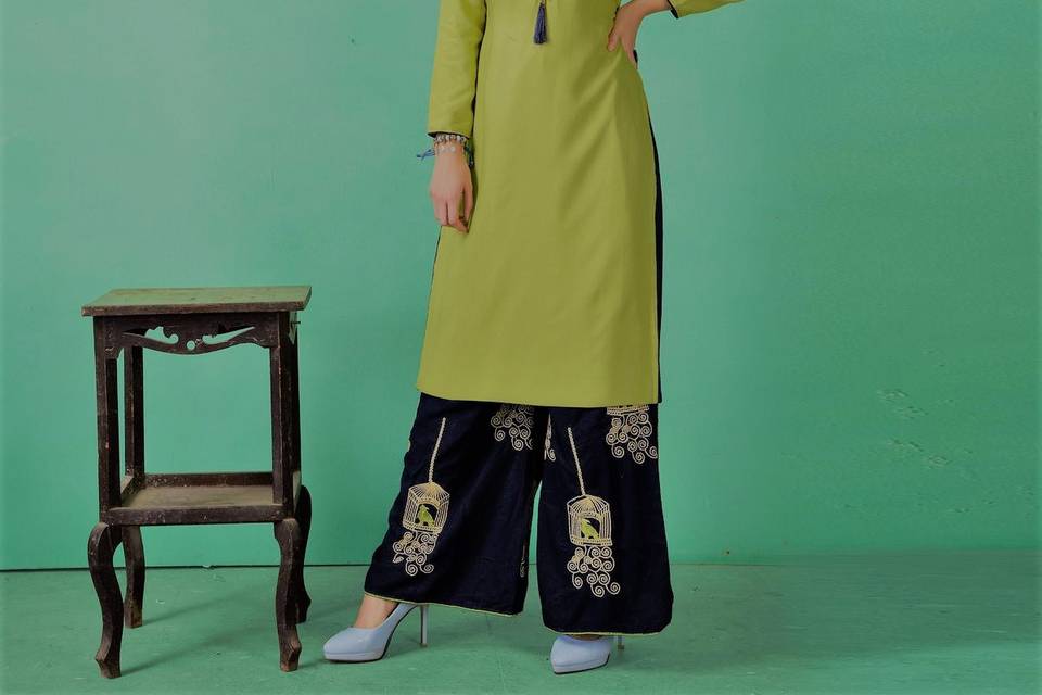 17823 designer long kurti with palazzo peachmode lead