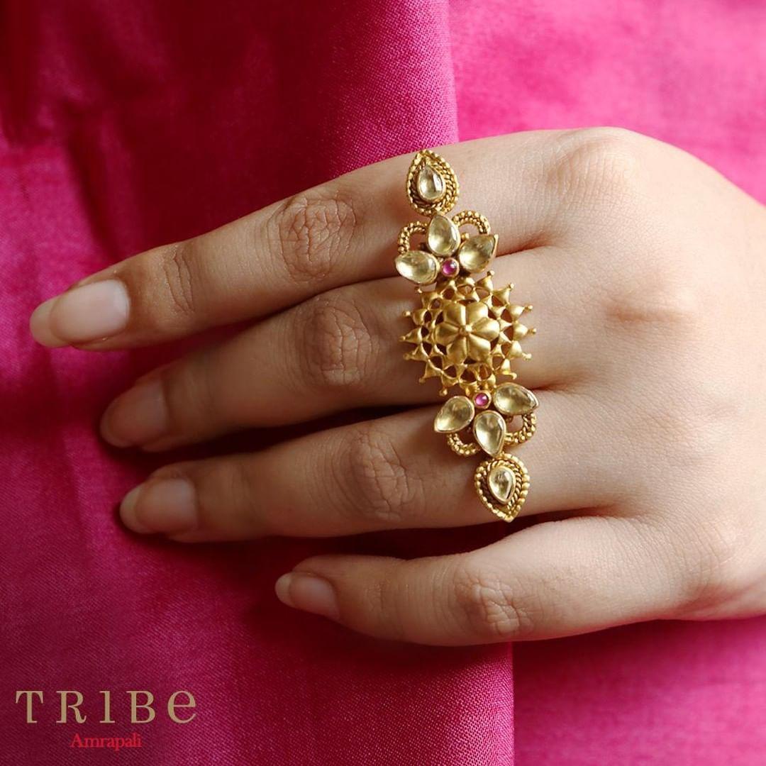 Azva gold handcrafted statement cocktail ring with Kundan. #Goldjewellery  #luxury #style | Gold bangles design, Gold rings jewelry, Antique gold rings