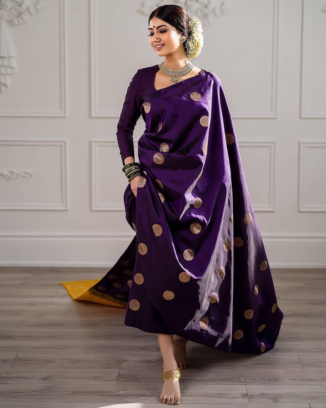 Model in Purple Wedding Silk Saree | Bridal silk saree, Indian bridal  fashion, Half saree designs