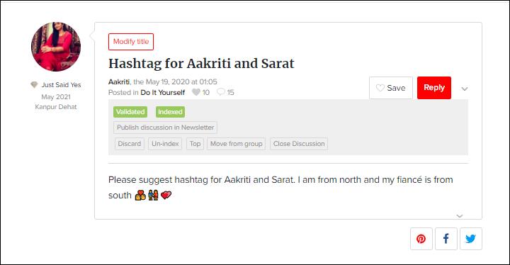 Hashtags for Aakriti and Sarat by WeddingWire India