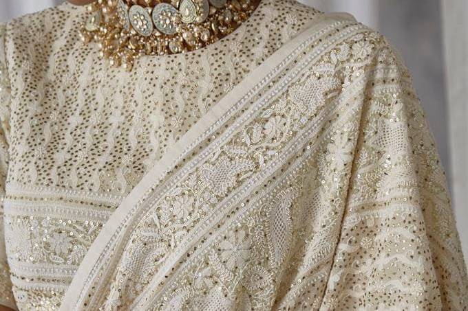 Women's Lakhnavi Handcrafted Bridal Pure Silk Georgette Chikankari Leh –  Nazranachikan