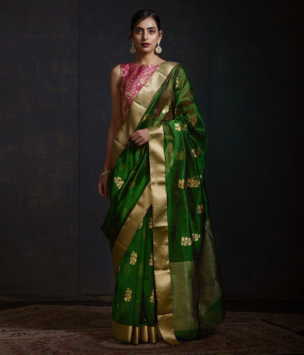 Embroidered Forest Green Saree With Contrast Blouse