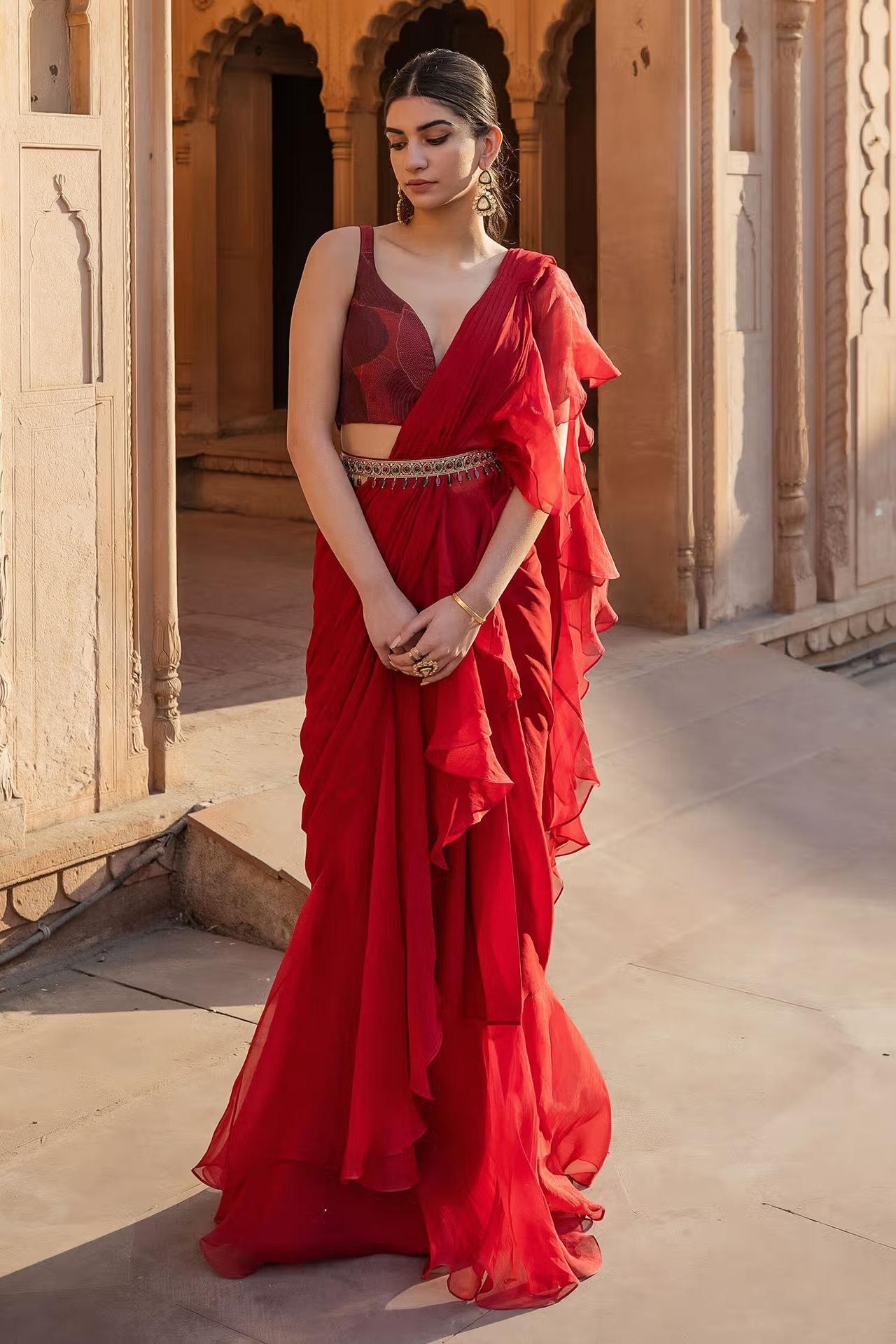 Crimson Red Organza Saree With Floral Embroidery