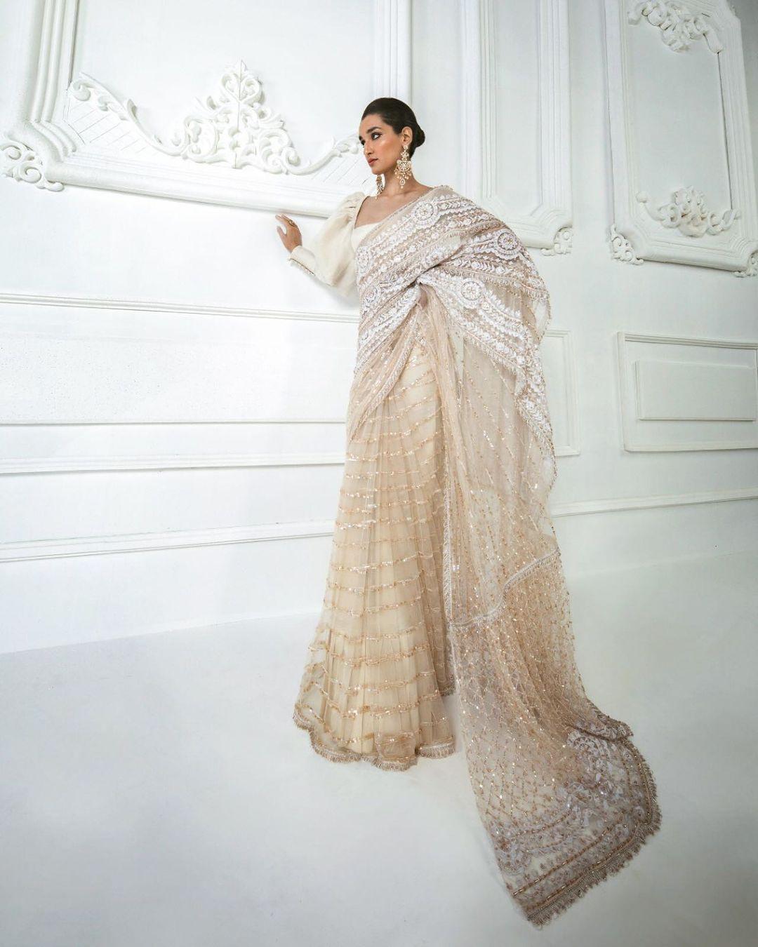 Grey Silk Embroidered Classic Designer Saree for Engagement