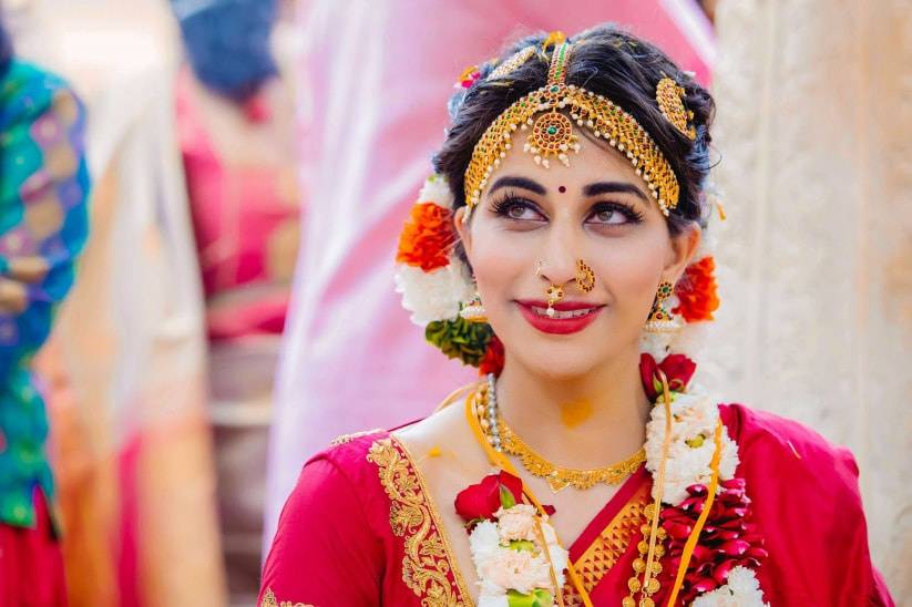 Here's a great look for a south Indian wedding - red silk saree